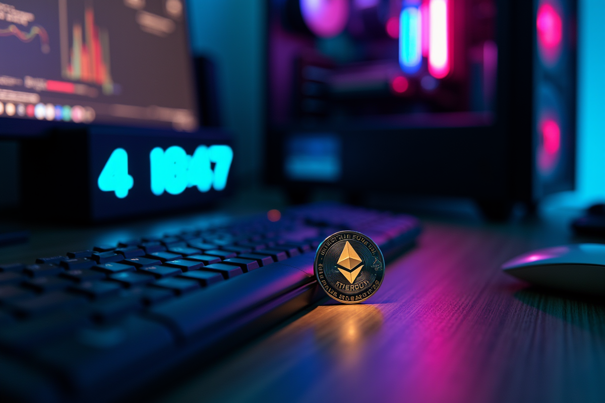Carte graphique moderne avec Ethereum lumineux dans un boitier PC