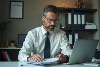 Homme chauffeur concentré au bureau avec papiers et ordinateur
