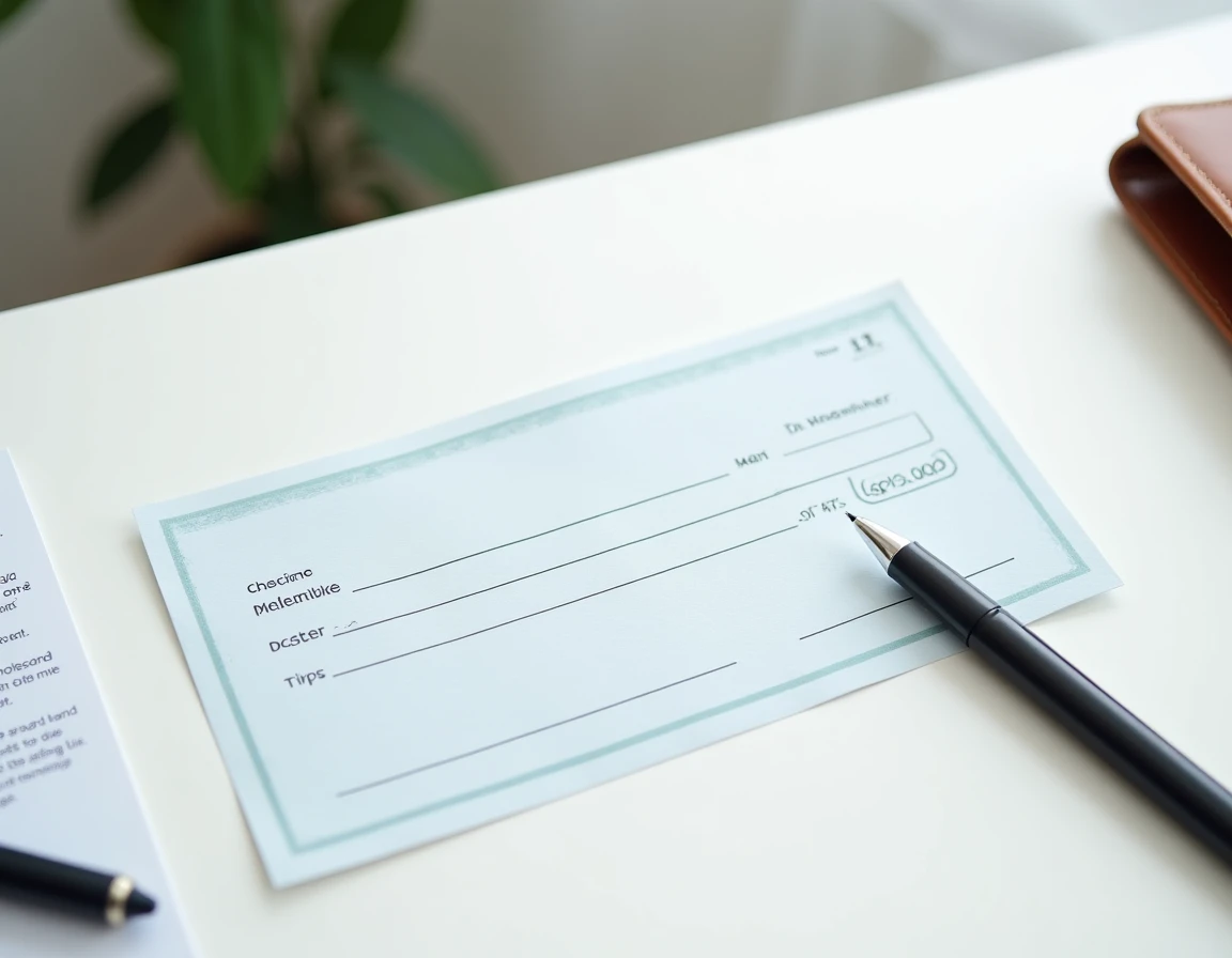 Chèque bancaire vierge posé sur un bureau blanc avec un stylo et un portefeuille, modèle à remplir et imprimer