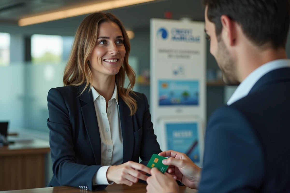 Cliente en agence Crédit Agricole discutant de son abonnement à la carte Mastercard avec un conseiller bancaire