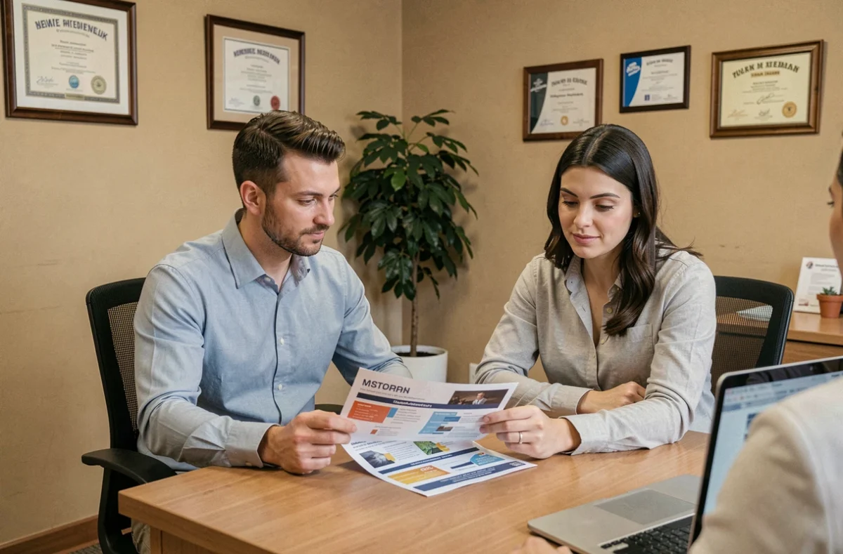 Couple de clients en rendez-vous avec un courtier en assurance pour comparer des offres