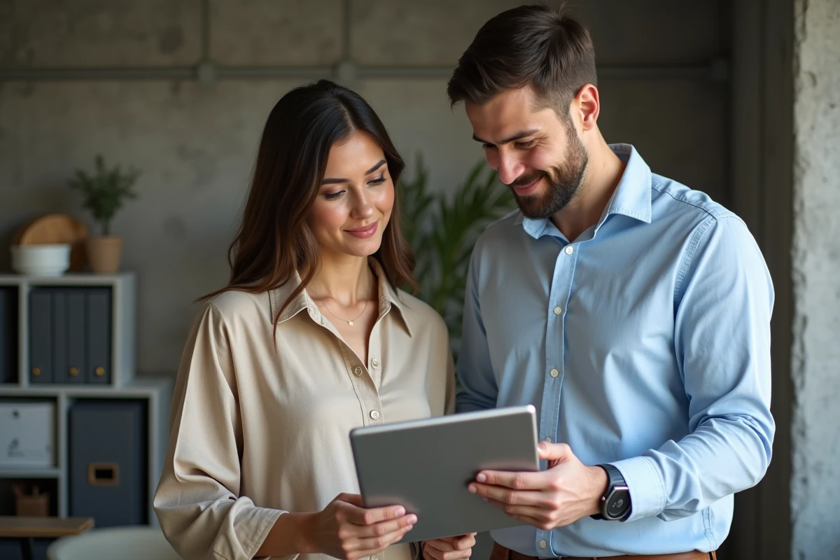 Deux collègues consultant ensemble un tableau de bord d'épargne salariale sur une tablette dans un espace de coworking
