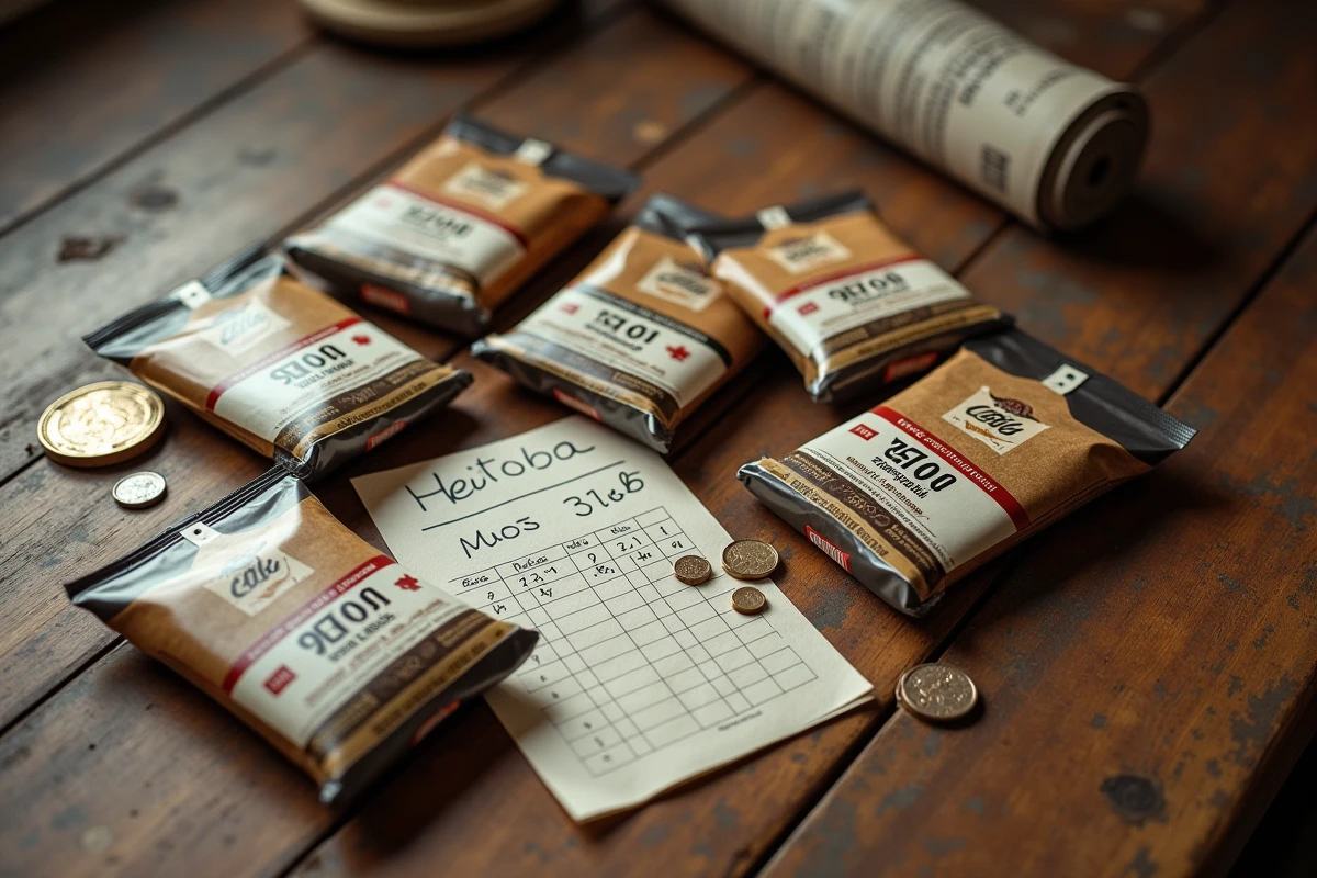 Comparaison de pochettes de tabac à rouler 30g avec prix régionaux espagnols et pièces d'euro sur table en bois