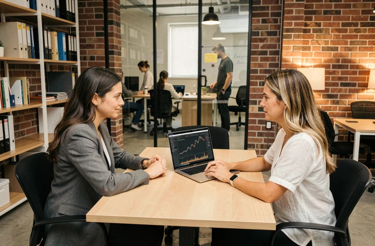 Deux femmes comparant des performances de trading sur un ordinateur portable dans un espace de coworking, symbolisant le débat entre prop trading firm et compte de trading personnel
