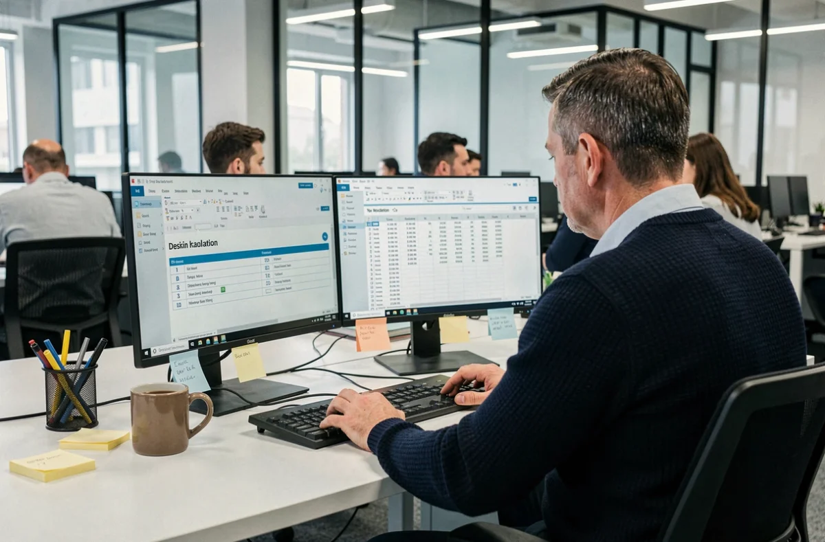 Comptable corrigeant des frais kilométriques oubliés sur un logiciel de déclaration fiscale dans un bureau professionnel