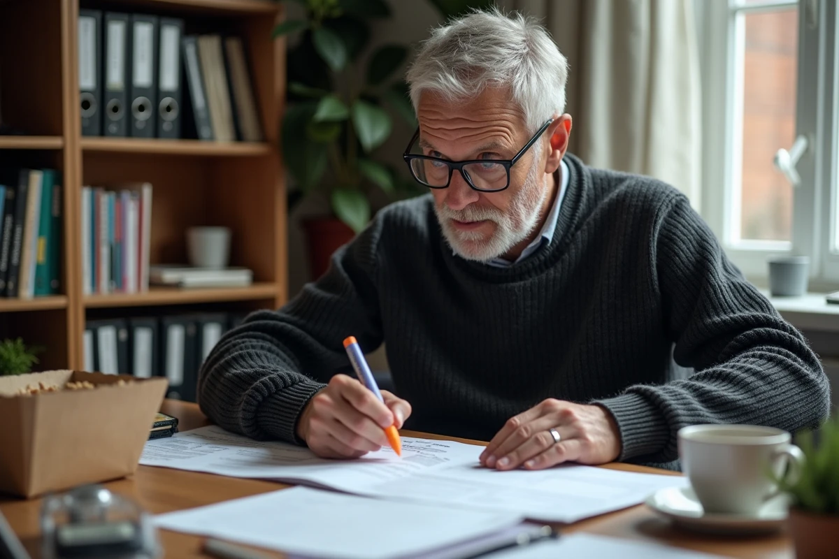 Comptable à domicile vérifiant une déclaration d'impôt avec des frais de repas refusés par le fisc mis en évidence