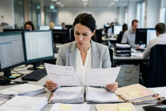Comptable en blazer gris comparant deux factures papier avec des corrections au stylo rouge sur un bureau encombré de documents