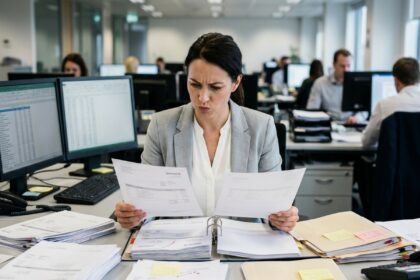 Comptable en blazer gris comparant deux factures papier avec des corrections au stylo rouge sur un bureau encombré de documents