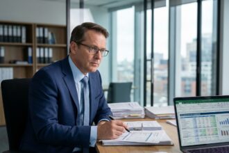 Comptable d'entreprise analysant la fiscalité consolidée d'un groupe sur son bureau avec des documents financiers organisés
