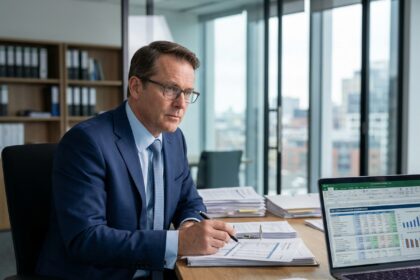 Comptable d'entreprise analysant la fiscalité consolidée d'un groupe sur son bureau avec des documents financiers organisés