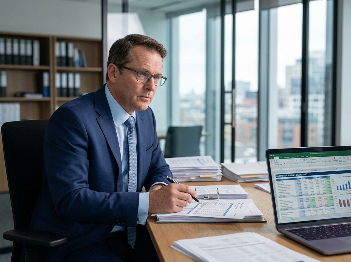 Comptable d'entreprise analysant la fiscalité consolidée d'un groupe sur son bureau avec des documents financiers organisés