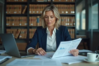 Comptable femme analysant des documents fiscaux liés à la franchise de TVA article 293 B du CGI