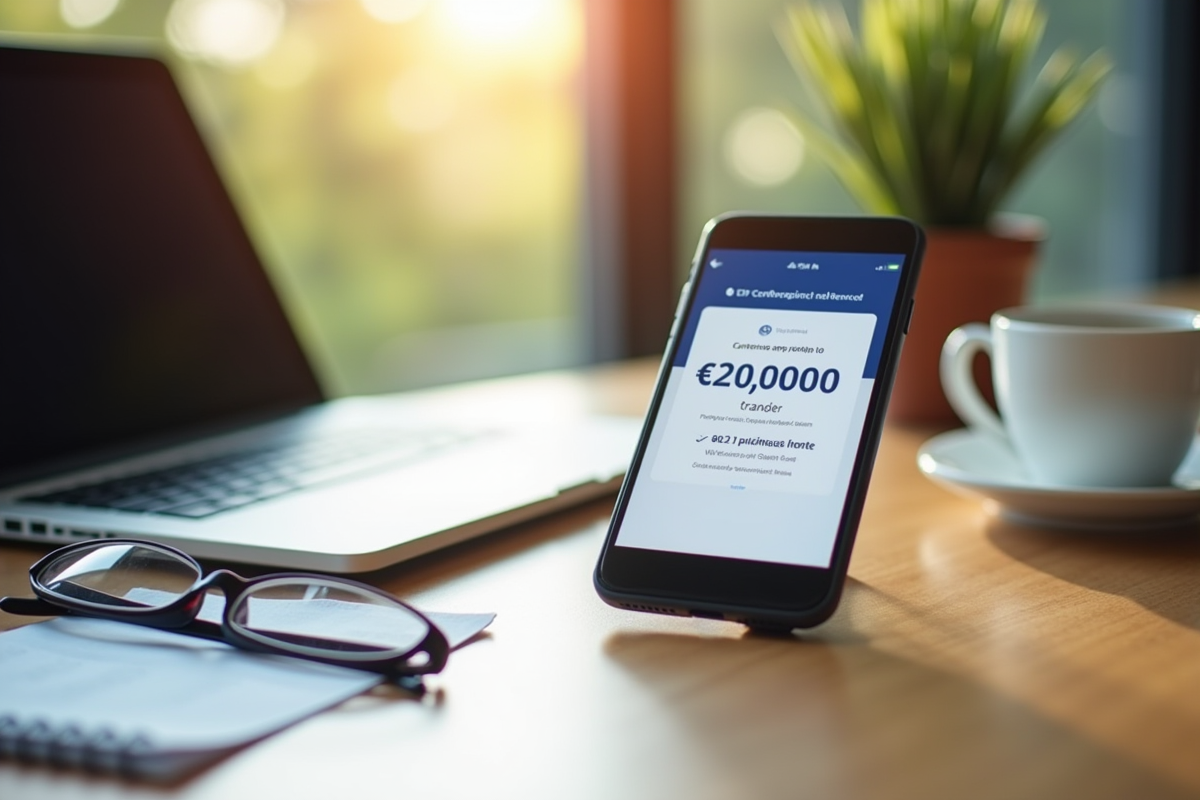 Smartphone affichant une confirmation de virement bancaire de 20000 euros