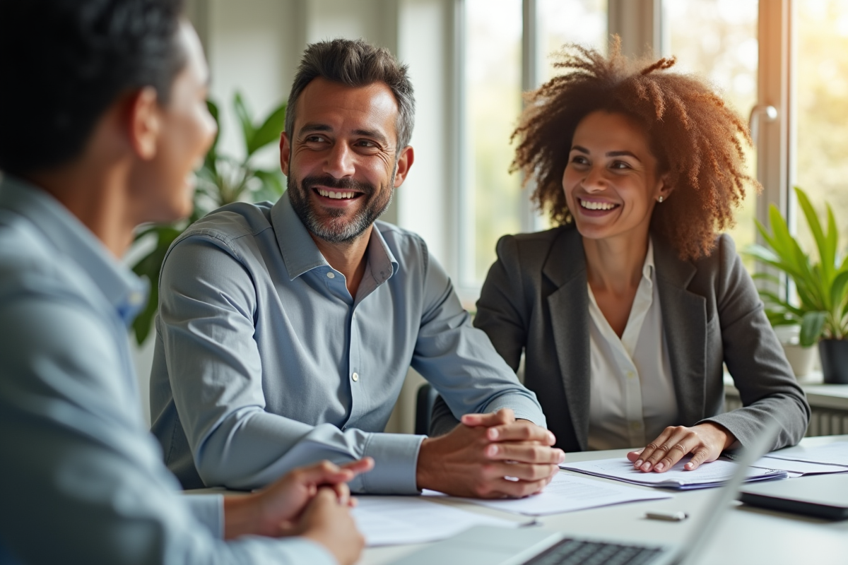 Conseiller assurance expliquant avantages à un couple dans un bureau moderne