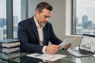 Conseiller financier analysant des documents d'investissement SCPI à son bureau professionnel