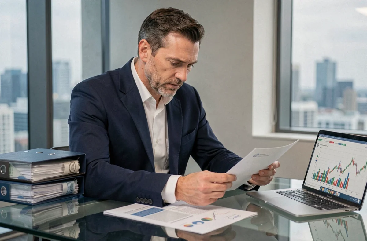 Conseiller financier analysant des documents d'investissement SCPI à son bureau professionnel
