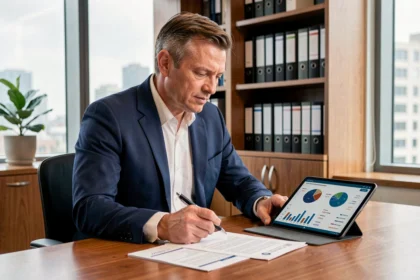 Conseiller financier examinant des documents sur la fiscalité des SCPI en assurance-vie dans un bureau professionnel