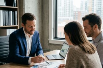 Conseiller immobilier présentant un projet locatif à un couple dans un bureau moderne