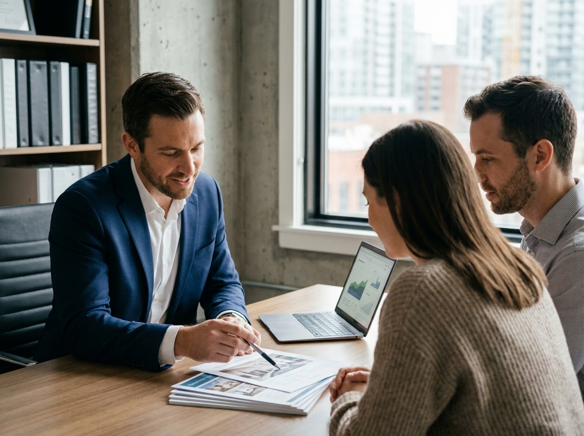 Conseiller immobilier présentant un projet locatif à un couple dans un bureau moderne
