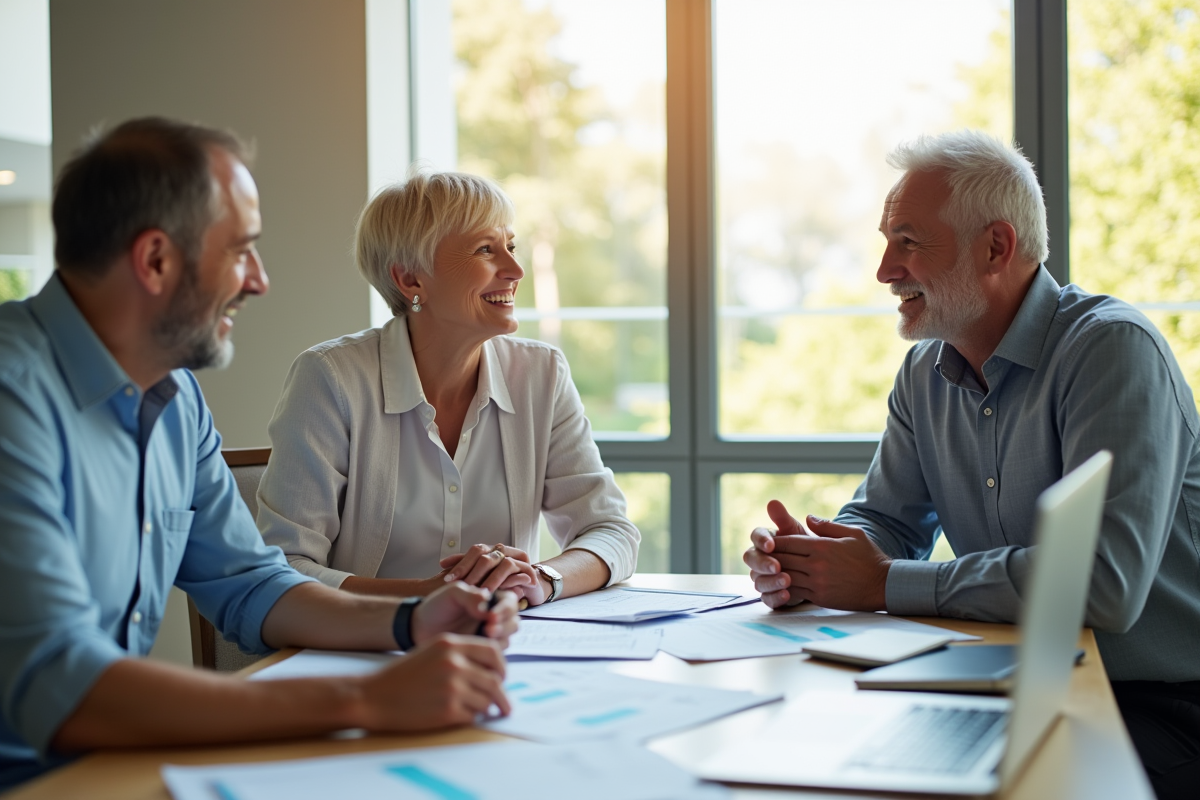 Conseiller retraite souriant avec un couple dans un bureau lumineux