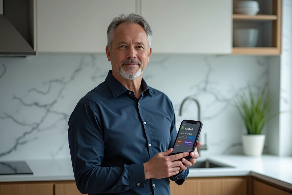 Homme vérifiant ses dépenses bancaires sur une application mobile dans une cuisine moderne