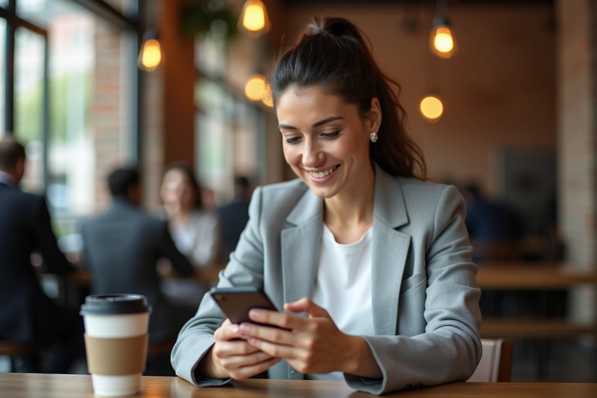 Une femme consulte ses performances de compte boursier sur une application mobile dans un café urbain moderne