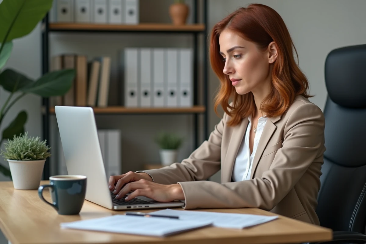 Jeune femme consultant le portail officiel du SGC Nord Vendée sur un ordinateur portable depuis un espace de travail calme