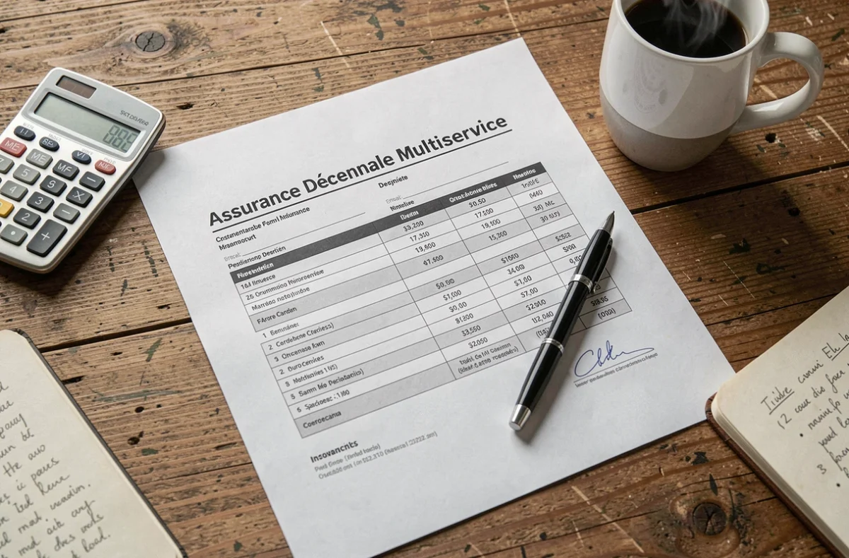Contrat d'assurance décennale multiservice avec tableau de prix posé sur un bureau avec calculatrice et stylo