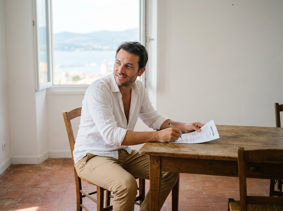 Homme signant un contrat de bail pour une location longue durée dans un appartement à Ajaccio vue sur mer
