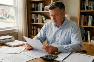 Homme consultant ses documents de frais kilométriques sur un bureau pour corriger sa déclaration fiscale 2026