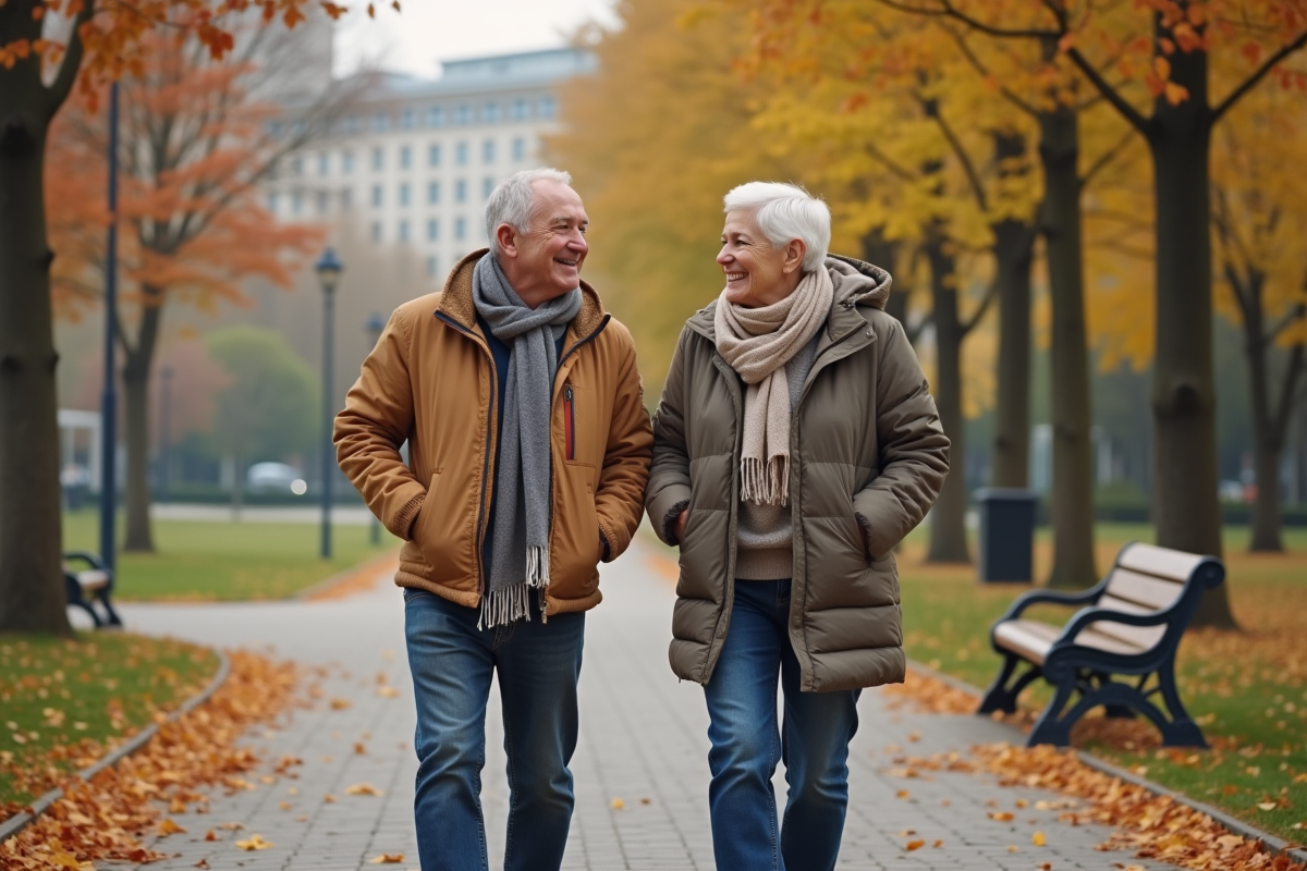 Couple âgé se promenant dans un parc en automne