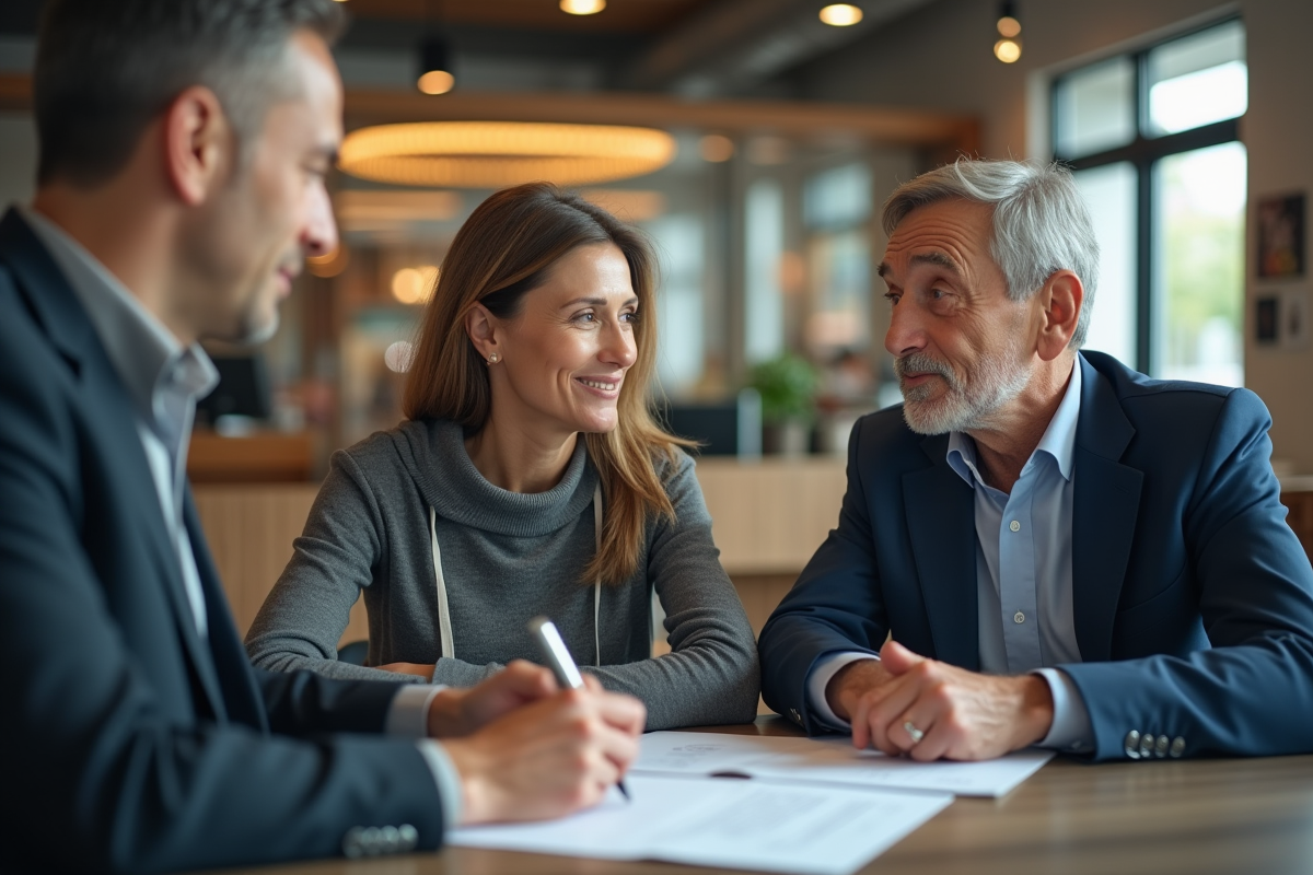 Un couple mature dans une banque moderne en train de signer un formulaire de retrait
