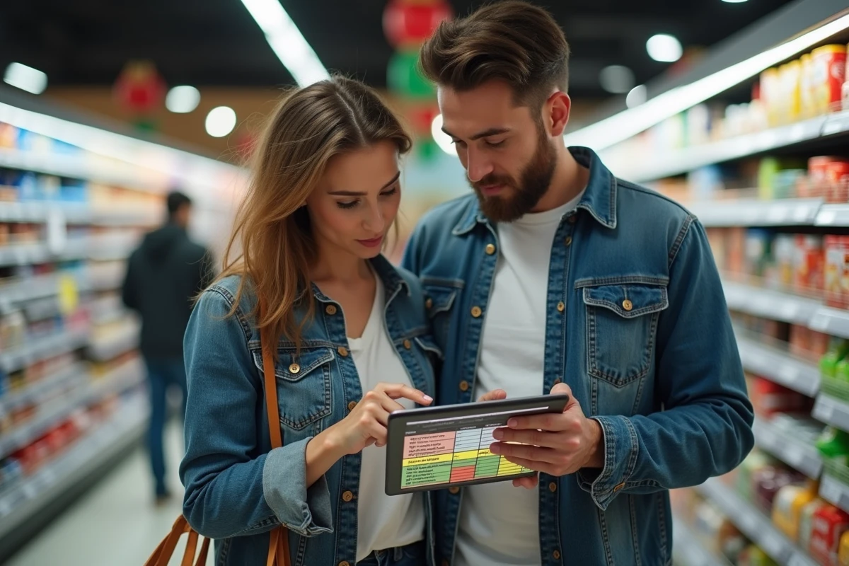 Couple consultant un tableau de budget mensuel sur tablette dans un supermarché pour anticiper les charges variables