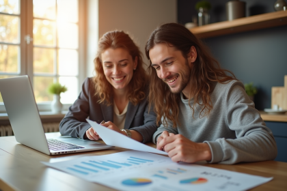 Jeune couple souriant vérifiant leur budget dans une cuisine lumineuse