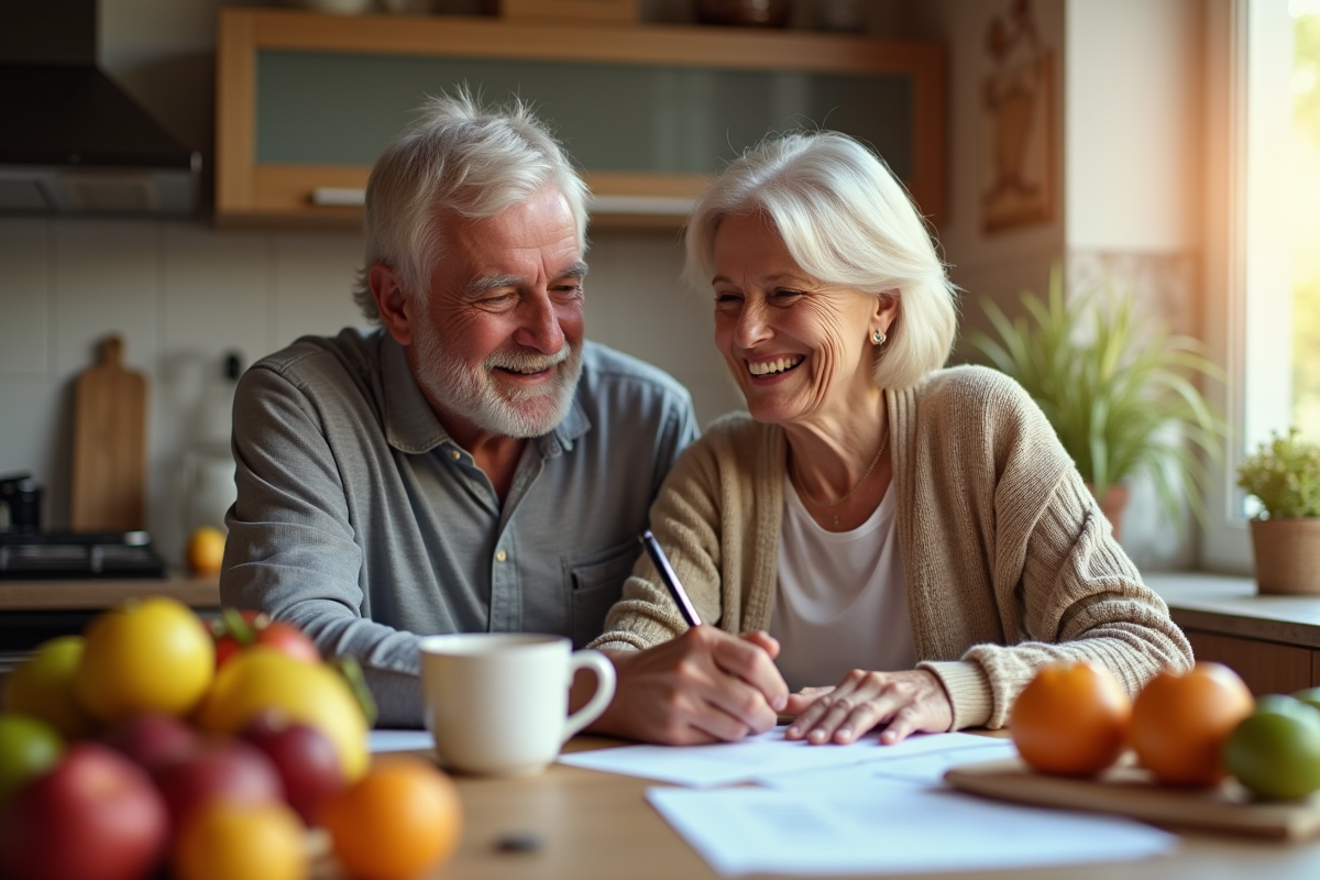 Couple âgé souriant en train de revoir leur budget familial
