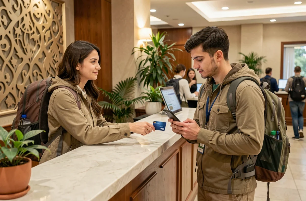 Couple utilisant une carte Visa Classic à la réception d'un hôtel lors d'un voyage à l'étranger