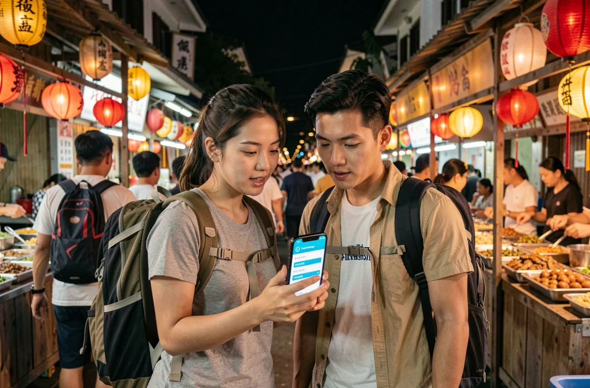 Couple de voyageurs consultant une application d'assurance voyage sur smartphone dans un marché nocturne en Asie