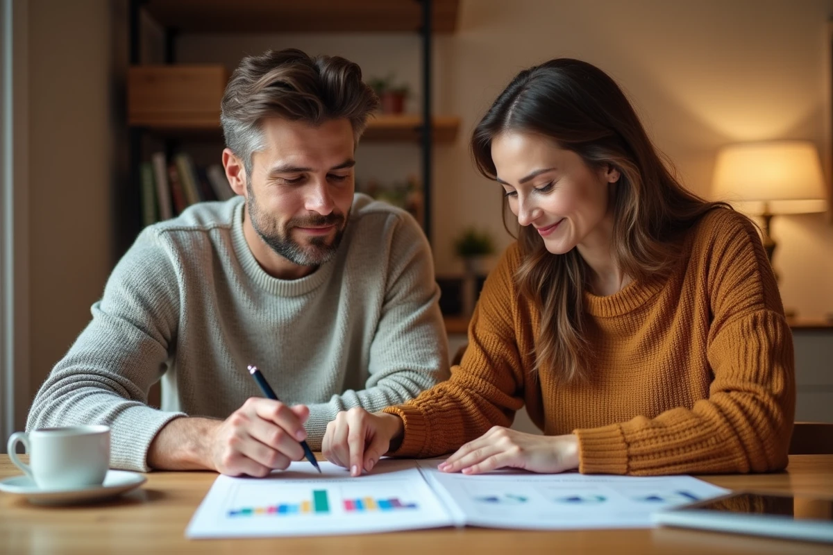 Couple comparant des offres de crédit immobilier à domicile avec des documents bancaires sur une table en bois