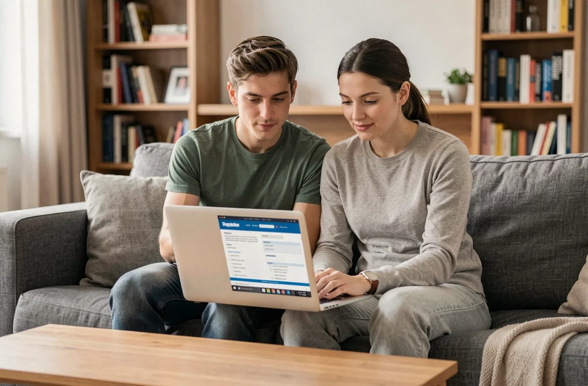 Jeune couple consultant des informations sur une mutuelle santé sur un ordinateur portable dans leur salon, symbolisant la comparaison des offres de complémentaire santé