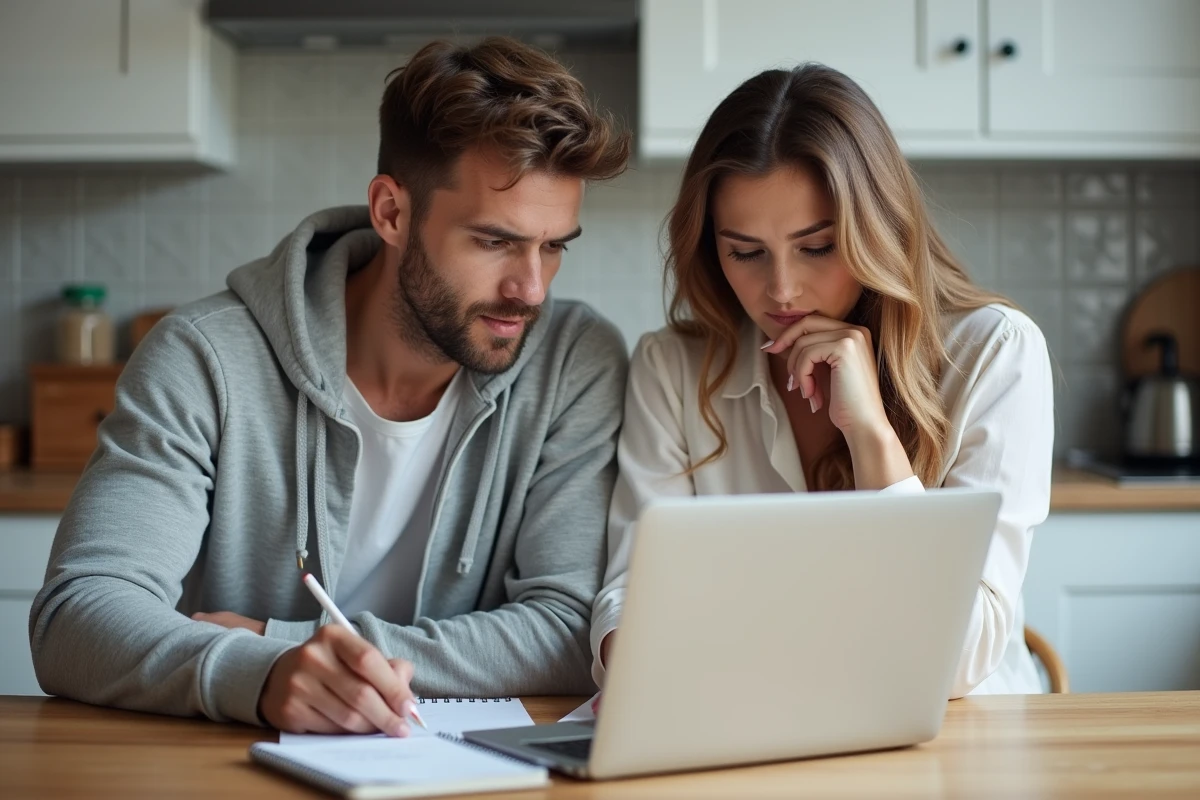 Couple consultant un comparateur de crédit en ligne à leur table de cuisine avec des notes financières manuscrites