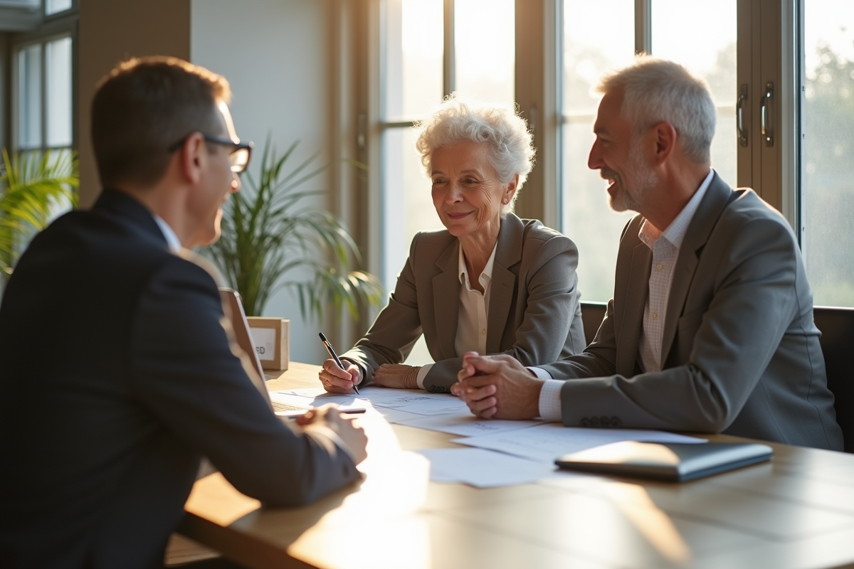 Couple mature consultant avec un conseiller financier dans un bureau lumineux