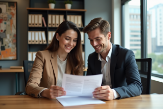 Jeune couple en réunion bancaire pour un prêt immobilier