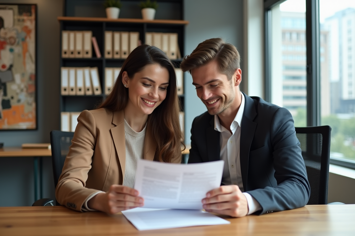 Jeune couple en réunion bancaire pour un prêt immobilier