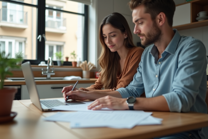Jeune couple discutant d'un contrat de pr&ecirc;t immobilier &agrave; la maison