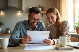 Couple souriant examinant des documents de prêt immobilier