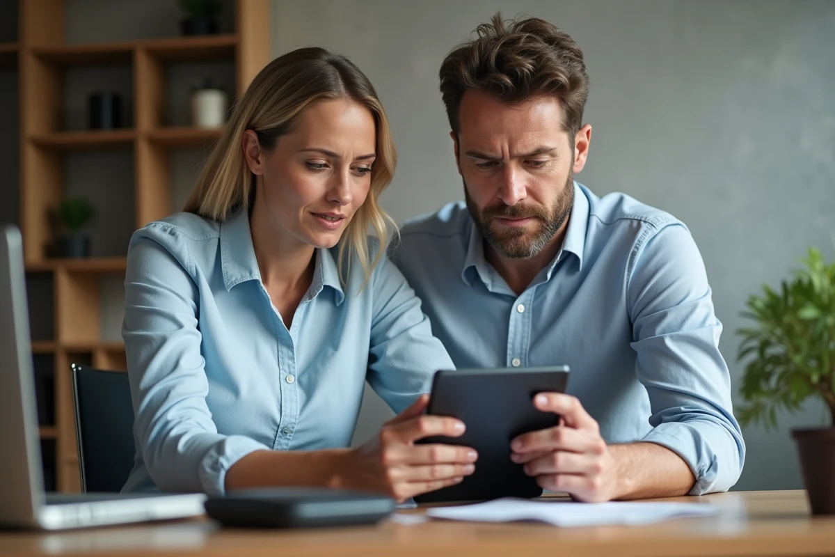 Couple discutant d un relevé bancaire sur une tablette