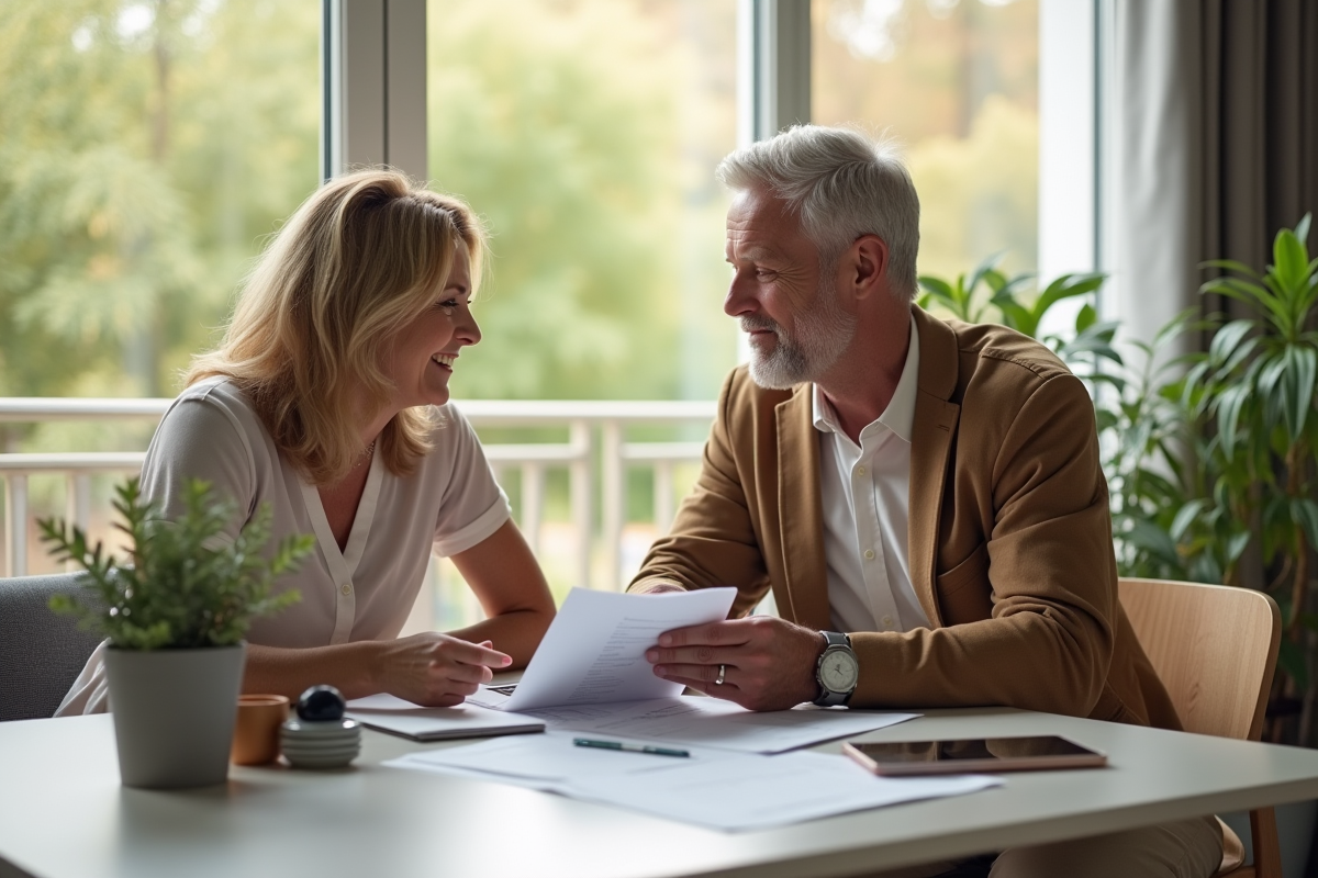 Couple discutant de finances dans un salon lumineux