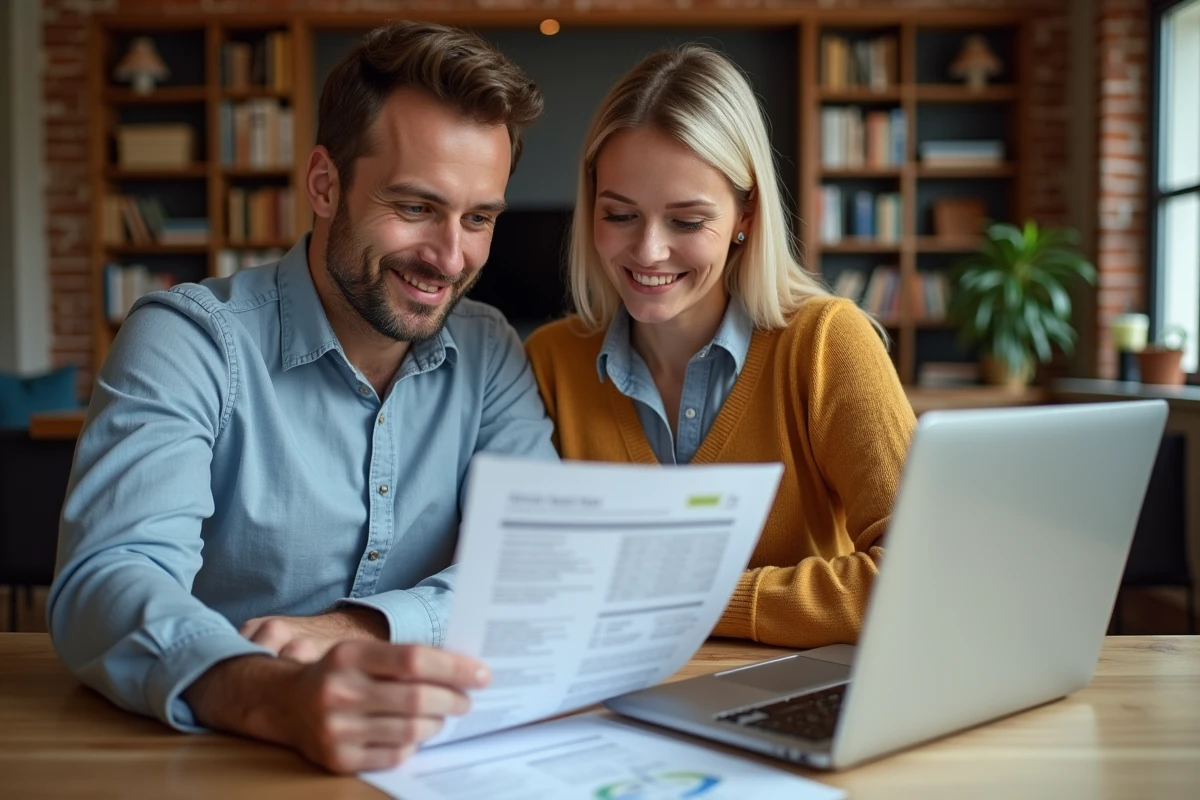 Couple étudiant ensemble les meilleurs taux bancaires sur documents et ordinateur portable