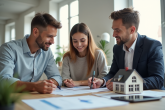 Jeune couple avec agent immobilier discutant prêt immobilier