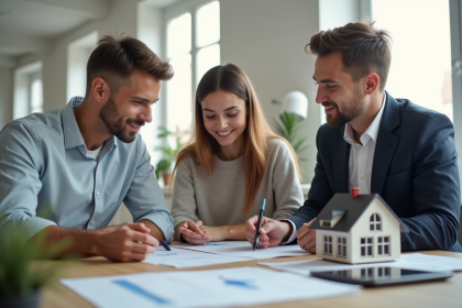 Jeune couple avec agent immobilier discutant prêt immobilier